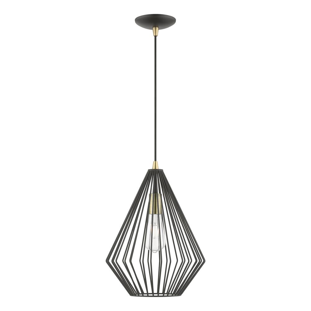 1 Light Textured Black with Antique Brass Accents Pendant