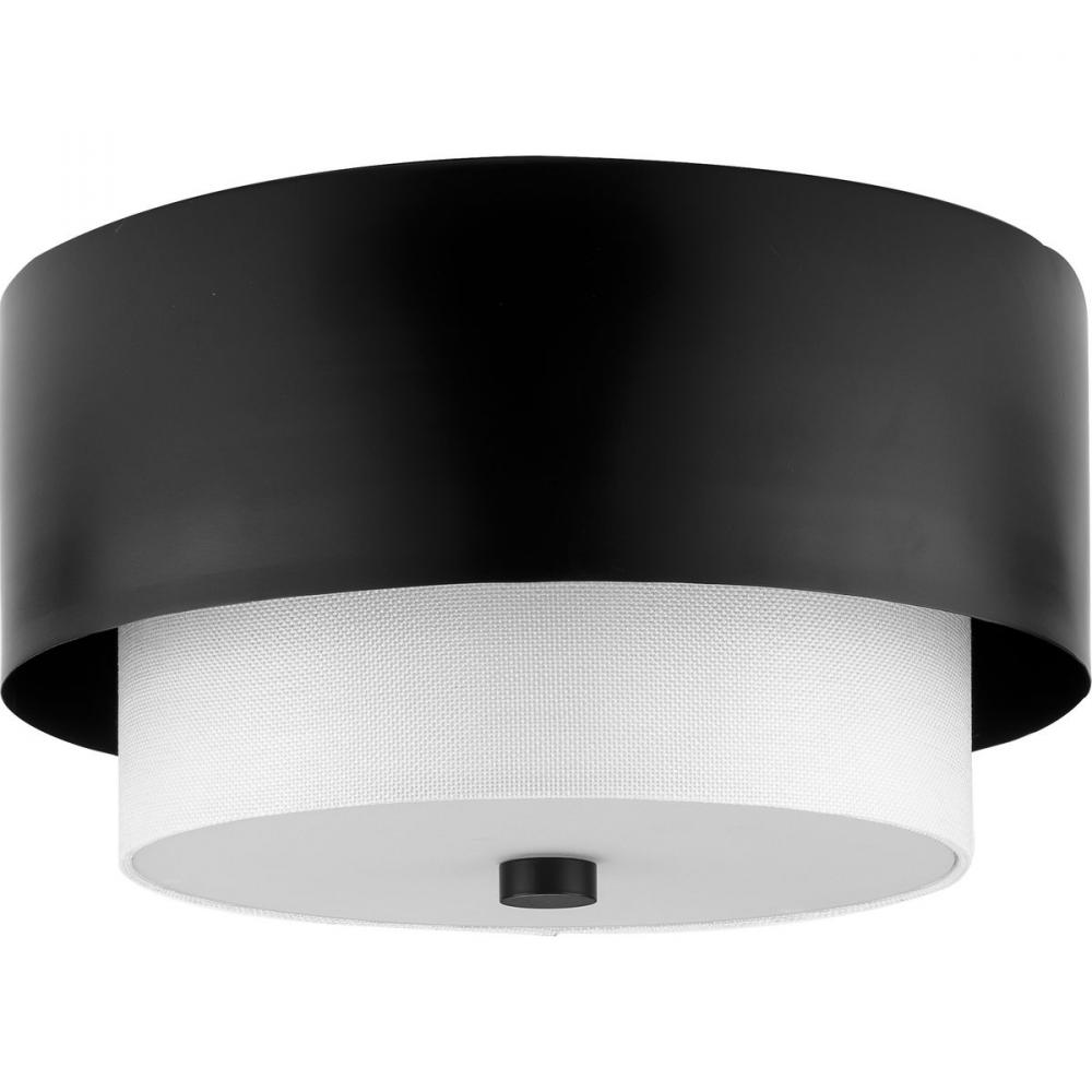 Silva Collection Two-Light Matte Black White Linen Shade 14&#34; Flush Mount