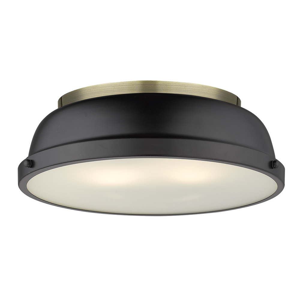 Duncan 14&#34; Flush Mount in Aged Brass with a Matte Black Shade