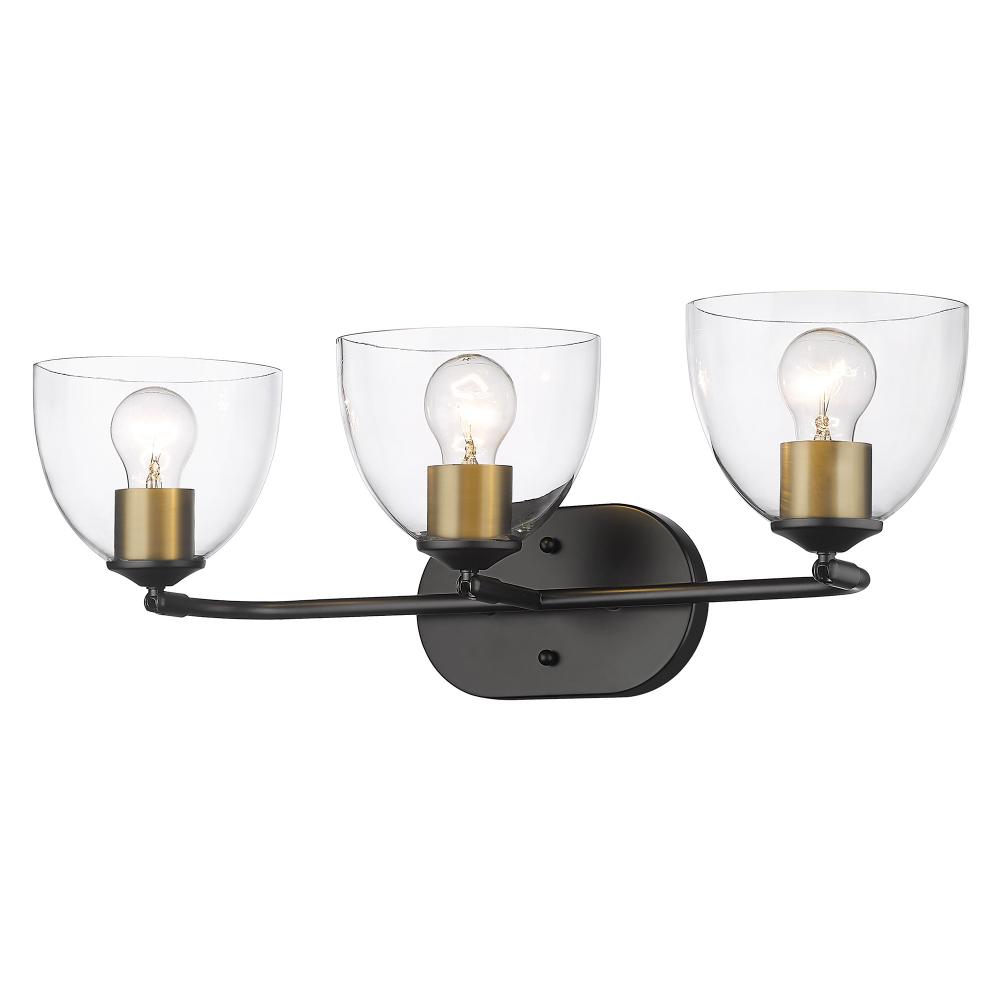 Roxie 3 Light Bath Vanity in Matte Black with Brushed Champagne Bronze Accents and Clear Glass Shade