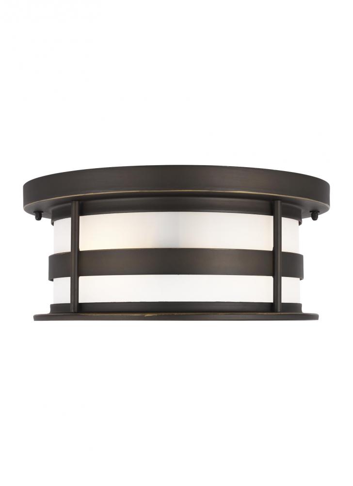 Wilburn modern 2-light LED outdoor exterior ceiling flush mount in antique bronze finish with satin