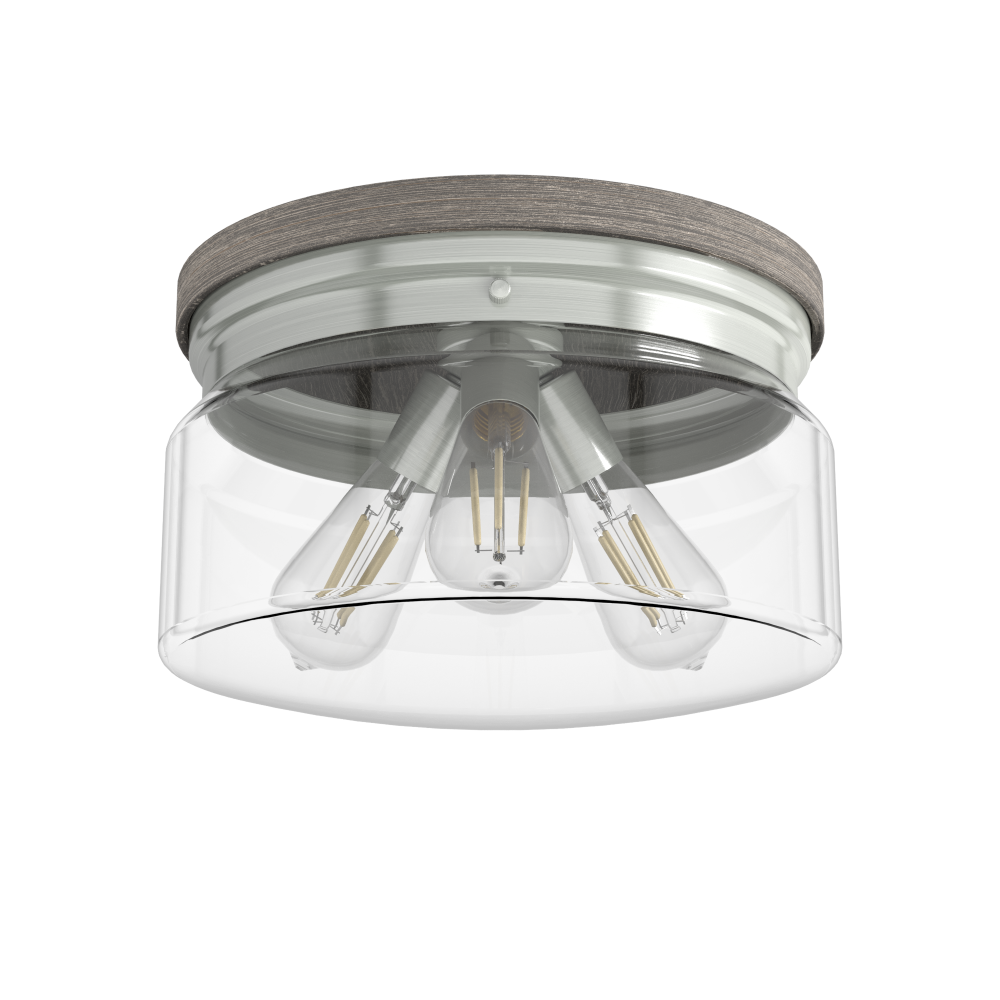 Hunter Devon Park Brushed Nickel and Grey Wood with Clear Glass 3 Light Flush Mount Ceiling Light