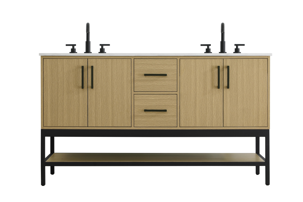 60 inch Double Bathroom Vanity in Honey Brown